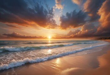 Fototapeta premium Dramatic sky over beach and seascape at sunset