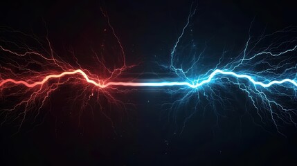 A blue and red lightning bolt clash creates a burst of light in an ultramodern, supernatural scene, with copy space