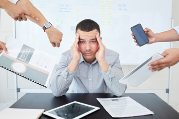 Man, stress and hands for multitask in office, documents and sad for chaos at desk. Overworked,...