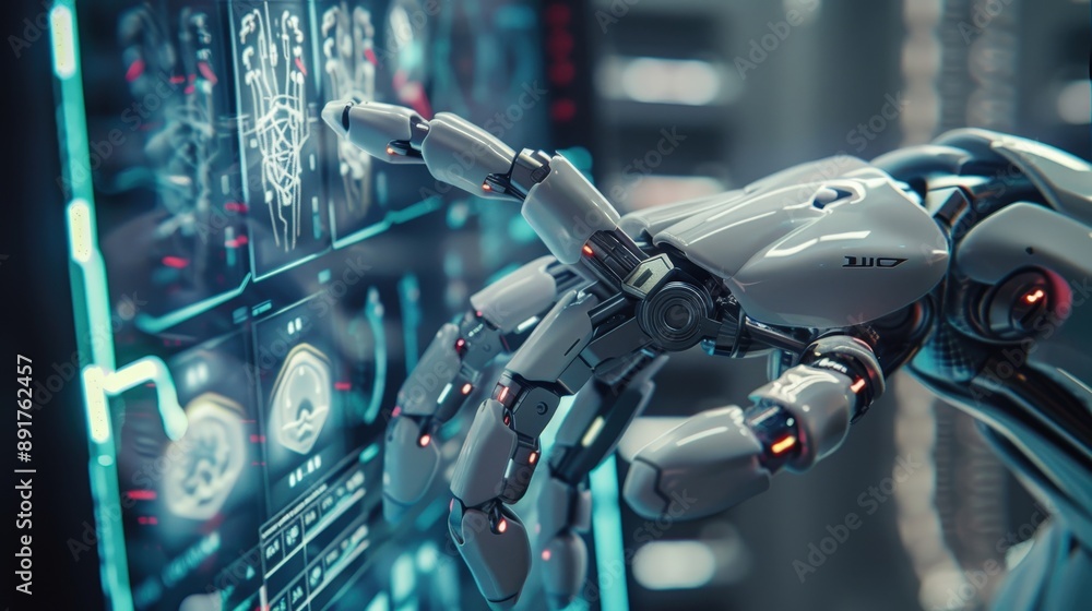 Poster a robotic hand interacts with a touchscreen interface, displaying digital data and visualizations. t