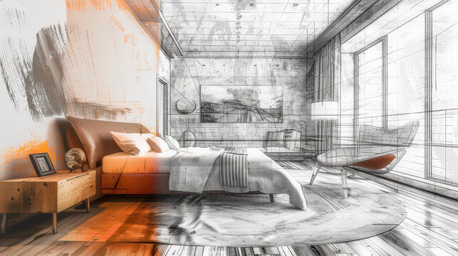 This blend of realism and artistic sketching offers a unique perspective on contemporary bedroom aesthetics. Generative AI