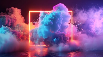 A glowing orange square frame stands out against a backdrop of vibrantly colored smoke dreamlike scene