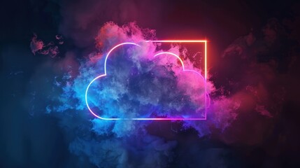 A glowing cloud shape outlined in neon light against a dark background with pink and blue smoke