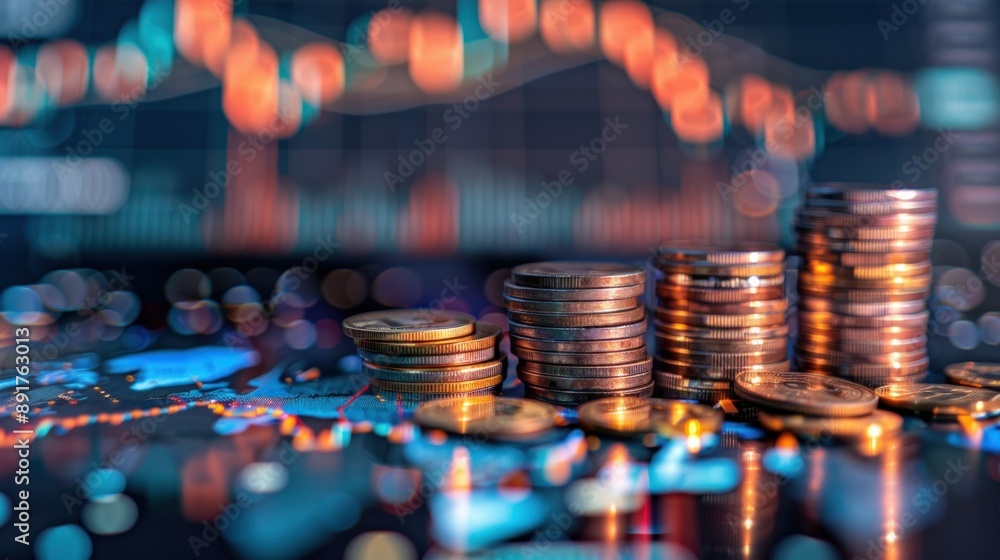 Poster stacks of golden coins on a reflective surface with a blurred world map in the background