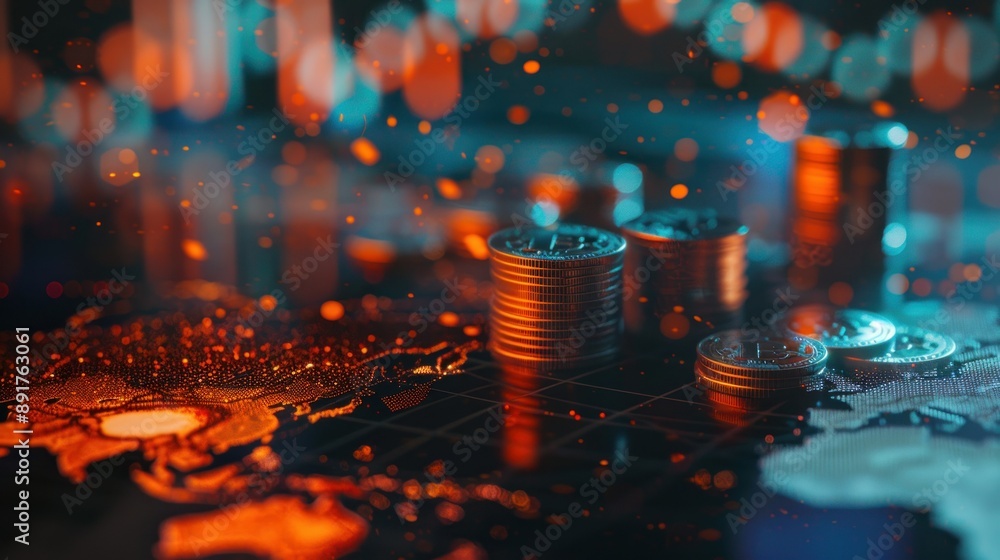 Poster stacks of coins on a map with a blurred background of red and blue lights