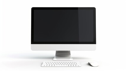 Fototapeta premium Minimalist desktop setup with a sleek monitor, keyboard, and mouse. Clean and modern design ideal for office and professional use. Perfect for presentations and work environments. AI