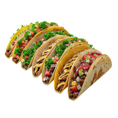 A vibrant assortment of delicious tacos filled with fresh vegetables, meat, and cheese. Perfect for a Mexican cuisine concept or food advertisement isolated on white or transparent png background