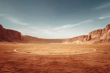 A hightech cricket ground set in a dystopian desert with a jumbotron in an ultramodern, supernatural scene, with copy space