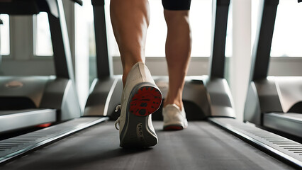 Close-up of man feet on a treadmill running at the gym or at home