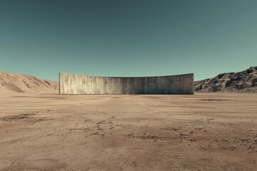A hightech cricket ground set in a dystopian desert with a jumbotron in an ultramodern, supernatural scene, with copy space