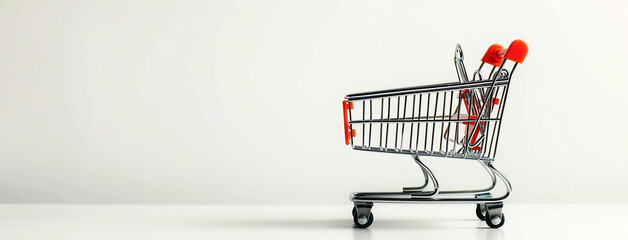 a wide panoramic promotional facebook cover background image of isolated empty shopping cart parked near a white color textured wall with copy space   
