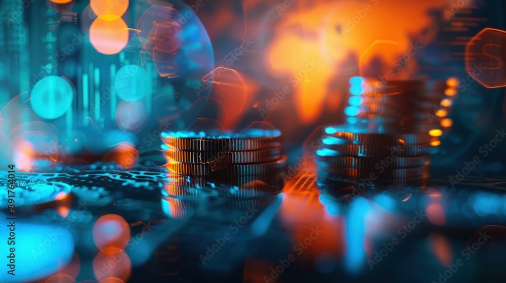 Poster a close-up view of stacks of coins resting on a surface with a blurry cityscape background
