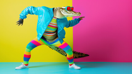  a crocodile in a flashy 80s disco outfit, wearing a neon blue jacket, rainbow leg warmers, and a tiny headband