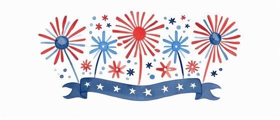 Fototapeta premium A kawaii watercolor painting of a blank card for the 4th of July, featuring cute vintage elements, isolate on white background