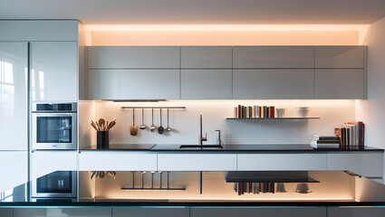 Fototapeta premium Modern kitchen photography showcasing a sleek, streamlined design with an emphasis on minimalism, featuring stainless steel appliances, glass countertops, generative ai