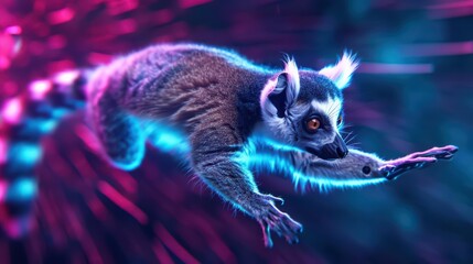 Obraz premium A lemur leaping across an ultramodern, supernatural scene, with copy space
