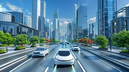 Obraz premium Autonomous Cars Driving on Urban City Road