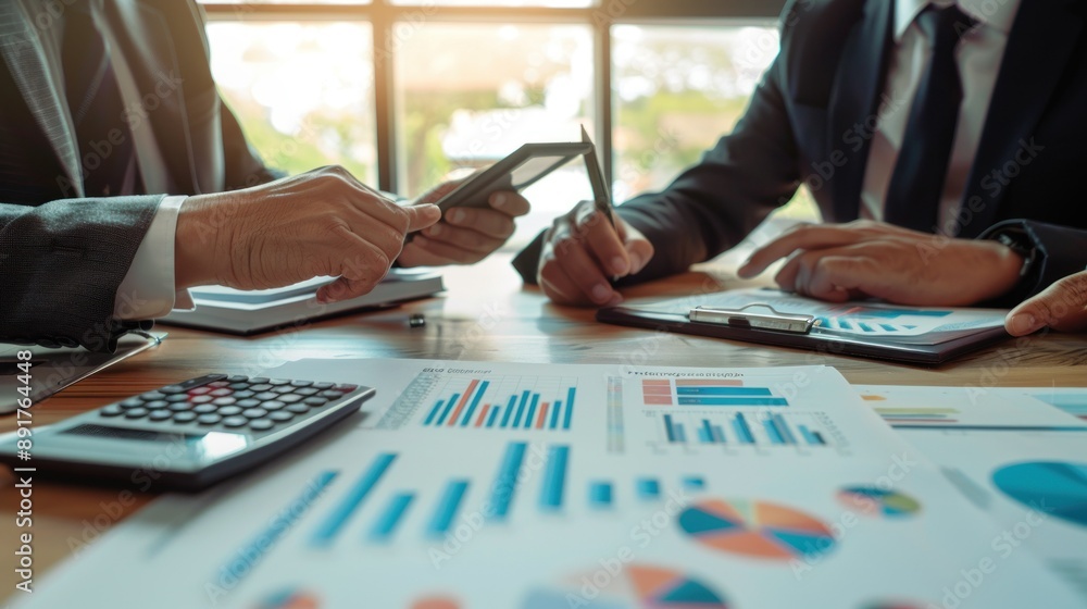 Poster closeup of hands businessman with a calculator and reviewing documents with graphs and charts