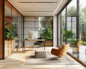 Modern office with furniture, modern living room with natural light, interior
