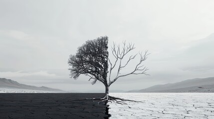 A split tree illustrating the contrast between life and death in an ultramodern, supernatural scene, with copy space