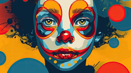 Vibrant artistic portrait of a person painted as a clown with colorful abstract background. Expression of creativity and bold emotion.