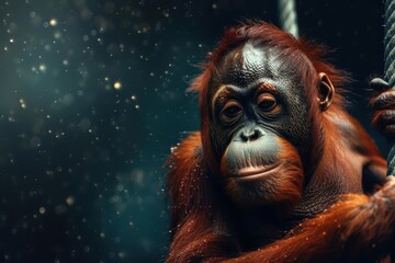 Obraz premium An orangutan swinging in an ultramodern, supernatural scene, with copy space