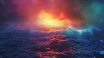 Naklejka premium Stormy sea, rainbow particles, starlight, realistic, beautiful clarity, style neon