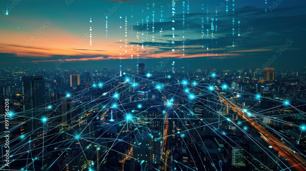 Poster A futuristic cityscape with a glowing network of lines and nodes symbolizing digital connectivity