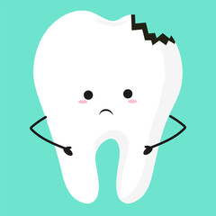 Vector cartoon cute tooth character with caries and toothache dental illustration for kids in flat style. illustration in dentistry concept on turquoise background