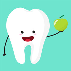 Vector cartoon tooth character with apple healthy food dental illustration for kids