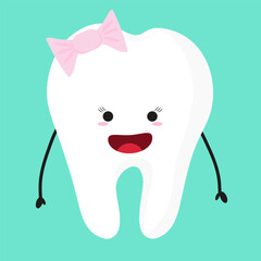Vector character tooth girl with bow In flat style. children's illustration in dentistry concept on turquoise background