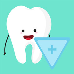 cute tooth character with shield. cartoon children's dental illustration on color background in flat style