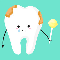 Cute funny tooth with candy, dental illustration for kids unhealthy teeth with sweets dental care oral in flat style
