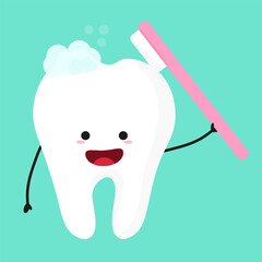 cute tooth character with toothbrush. illustration in the concept of brushing teeth, dental hygiene