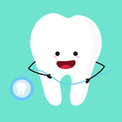 Vector cartoon tooth character with dental floss. dental illustration for kids in flat style