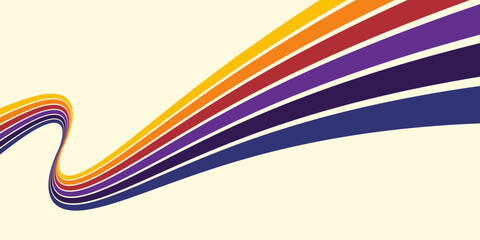 Abstract colorful 70s background vector. Vintage retro wallpaper with rainbow stripes and wavy lines. A 1970 color illustration suitable for posters, banners, decorative items and wall art.