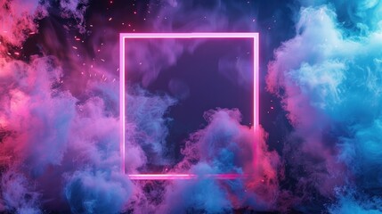 Fototapeta premium Glowing neon pink square with vibrant fog abstract background. Electric light frame.