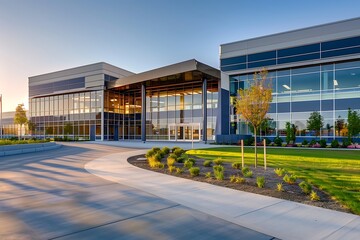 A sleek, modern school building with a welcoming entrance and well-maintained grounds