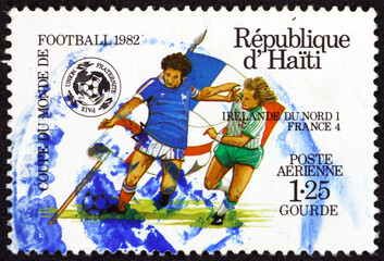 Postage stamp Haiti 1983 Northern Ireland vs France, soccer game, 1982 World Cup