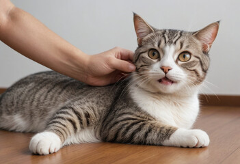 Fototapeta premium A cat purring contentedly as it gets a belly rub. 