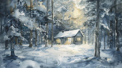 A watercolor painting of a vintage cabin in a snowy forest, illuminated by the bright moonlight, surrounded by tall pine trees covered in snow