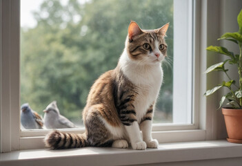  A cat perched on a windowsill, gazing out at the birds. 