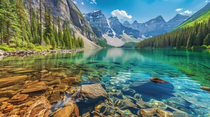 Gorgeous mountain lake with clear water, surrounded by trees and snow-capped mountains. Blue sky and fluffy clouds complete the picturesque view