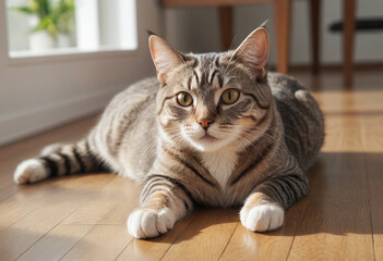  A cat stretched out luxuriously on a sunny spot on the floor. 