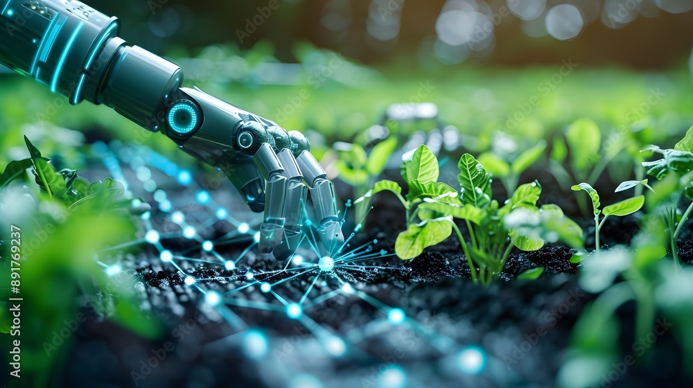 Aufkleber 
Smart farm agriculture utilizing advanced technology with robots arm, automatically checking soil quality, monitoring and management, with results displayed in 3D mode