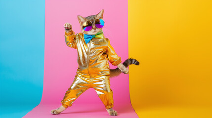  a cat in an 80s disco ensemble, wearing a shiny gold jumpsuit, a colorful bowtie, and tiny sunglasses.
