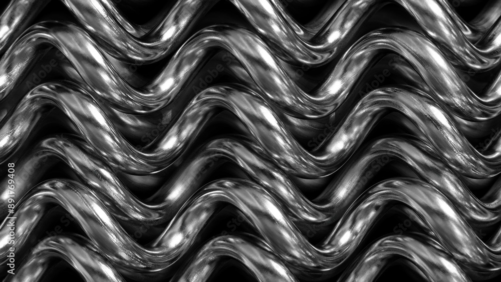 Poster A silver metal object with a wavy pattern. The pattern is made up of many small lines that are all connected. The object is shiny and reflective, giving it a modern and sleek appearance