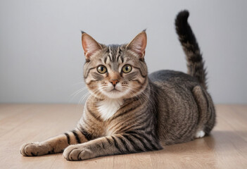  A cat stretching its back after a good grooming session. 