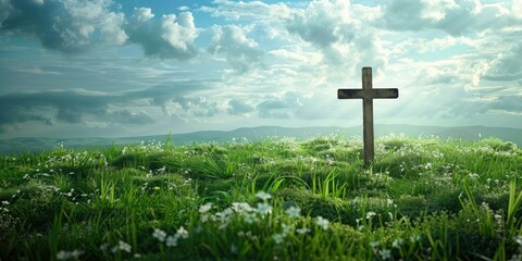 A wooden cross on a lush green meadow and cloudy sky, serene landscape with copy space. Religious and spirituality concept.