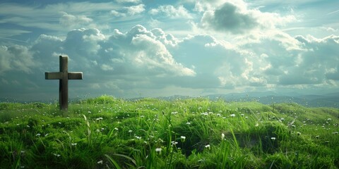 A wooden cross on a lush green meadow and cloudy sky, serene landscape with copy space. Religious and spirituality concept.